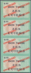 710327 Vier bonnen voor Zes Luiers, genummerd B 61. Op alle bonnen de rood gedrukte opdruk 'ONGELDIG'.